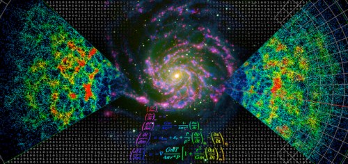 Banner image of the “The Story of Light – Deciphering the data encoded on the cosmic light” event on Sunday 29th May 2016. The image represents a multiwavelength photo of the galaxy M101 (center), the 2dF Galaxy Redshift Survey (AAO, left and right), the equations of the stellar interiors, and a background of 1s and 0s codifying astronomical data. Credit of the composition: Ángel R. López-Sánchez. Credit of the 2dFGRS: AAO, Credit of image of M 101: Ángel R. López-Sánchez.
