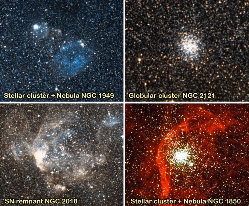 Objects chosen for the "LMC Little Gems with CACTI" Outreach Exercise at the AAT. From top left to bottom right they are: 1. Stellar cluster + Nebula NGC 1949, 2. Globular cluster NGC 2121, 3. SN remnant NGC 2018, 4. Stellar cluster + Nebula NGC 1850. Credit of the images: Digital Sky Survey, except for NGC 1850 (ESO, image obtained using the FORS1 instrument at the VLT. 