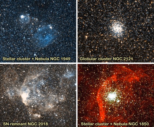 Objects chosen for the "LMC Little Gems with CACTI" Outreach Exercise at the AAT. From top left to bottom right they are: 1. Stellar cluster + Nebula NGC 1949, 2. Globular cluster NGC 2121, 3. SN remnant NGC 2018, 4. Stellar cluster + Nebula NGC 1850. Credit of the images: Digital Sky Survey, except for NGC 1850 (ESO, image obtained using the FORS1 instrument at the VLT. 