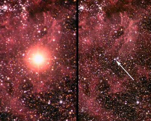 Figure 1. Supernova 1987A after exploding in February 1987 (left), and an image taken before the explosion (right). Credit: David Malin / Australian Astronomical Observatory.