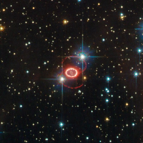 Figure 3. Image of the peculiar remnant of the SN 1987A as seen using the ACS camera of the Hubble Space Telescope. Two glowing loops of stellar material and a very bright ring surrounding the dying star at the centre of the frame are clearly identified. All together form an structure named “Hourglass” that still is not fully understood. The field of view of this image is 25x25 arcseconds. Credit: ESA/Hubble & NASA.